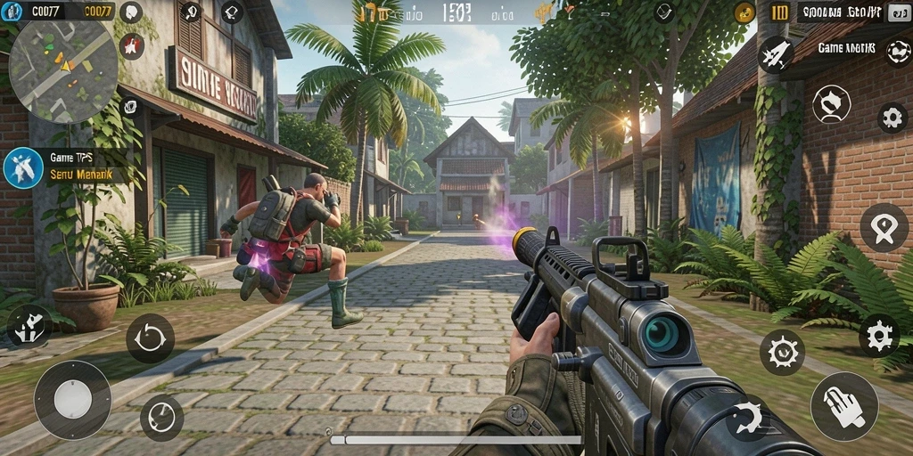 Tampilan gameplay seru di C0077 dengan aksi menembak yang mendebarkan.