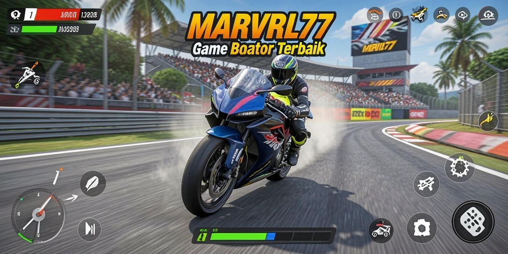Tampilan gameplay MARVRL77 yang mendebarkan dalam balapan motor.